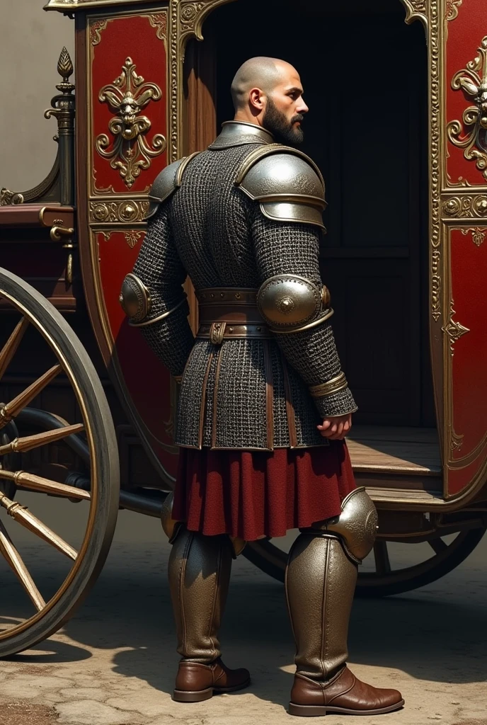 create a bald man, 2.20 meters tall, young man of 25 years old, medium beard, wearing chain mail, large leather boots, closing the door of a luxurious carriage while looking to the right