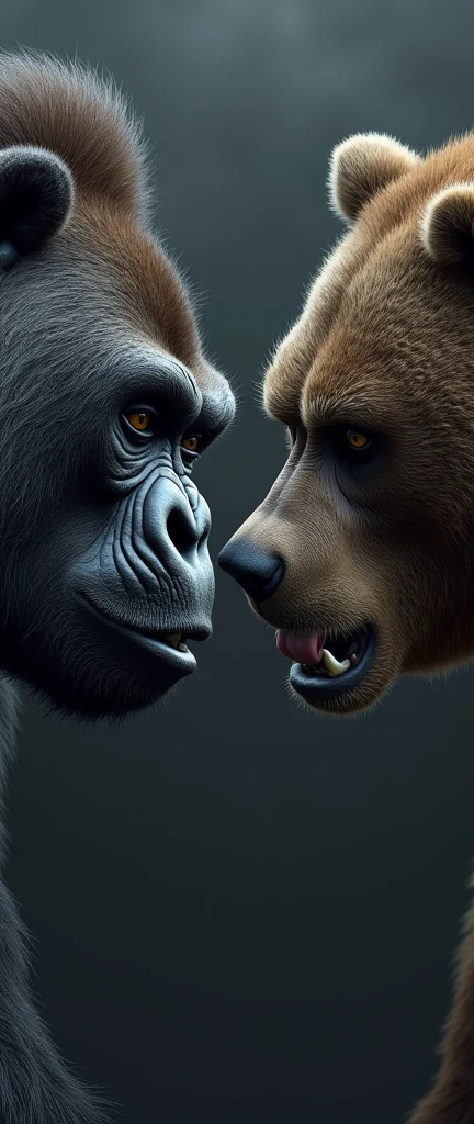 Create a realistic image of a Gorilla facing a Black Bear, The bear should have white fur around its eyes and both should have angry expressions.