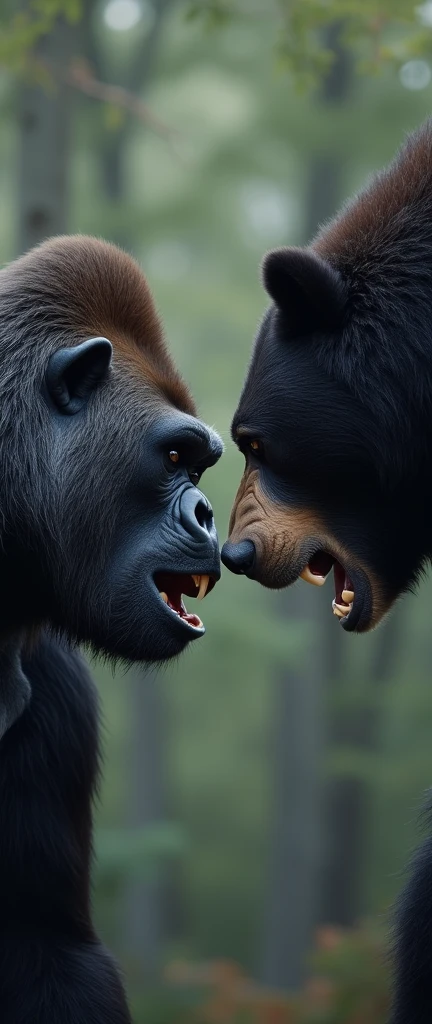 Create a realistic image of a Gorilla facing a Black Bear, The bear should have white fur around its eyes and both should have angry expressions.