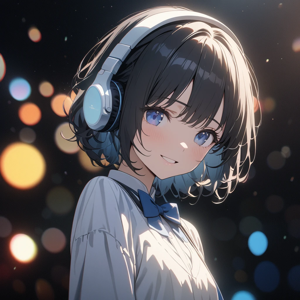 ((ultra-detailed))/one women, short black hair and bob hair.、beautiful blue eyes,.、smile、gentle smile on her face、flat chest, one Beautiful girl,((masterpiece, illustration, best quality) ((ultra-detailed))/solid white background,blank background, while wearing wireless white headphones, full upper body, white dress shirt, blue bowtie, no cut outs 濃い青とBeautiful Blueのグラデーション, High resolution, 8K HD detail,cinematic, surrealism, deep field focus bokeh, ray tracing and surrealism. --v6