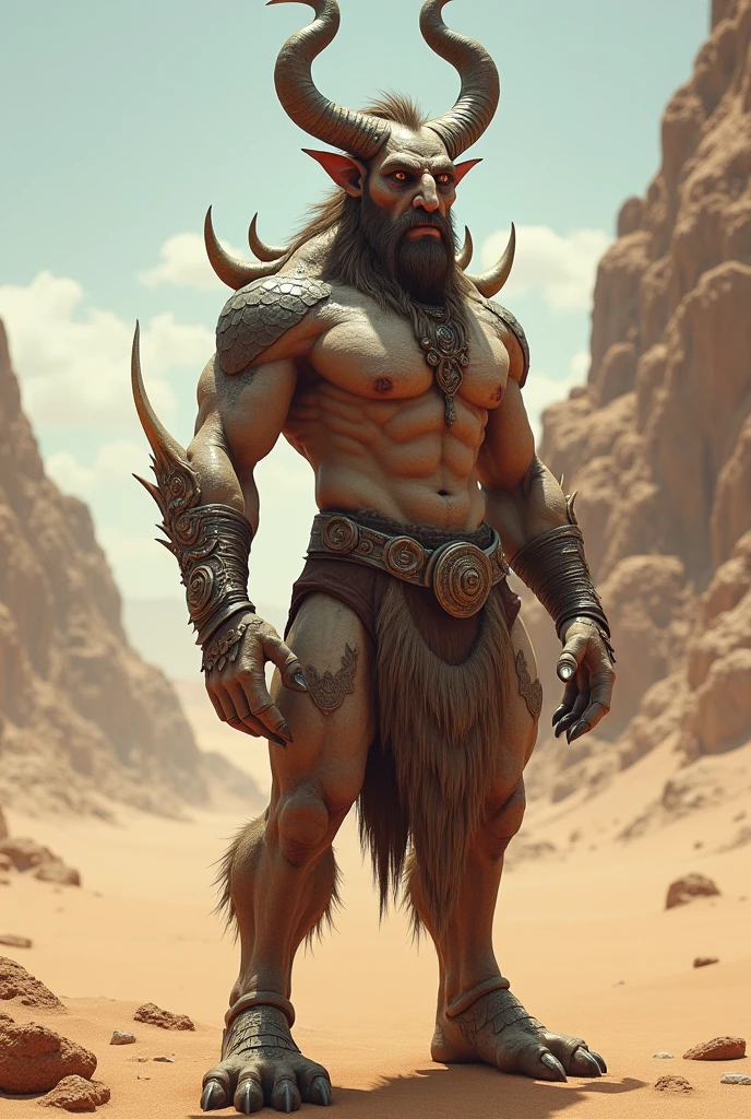 Create a man with camel legs instead of legs, with horns and some scales on its body