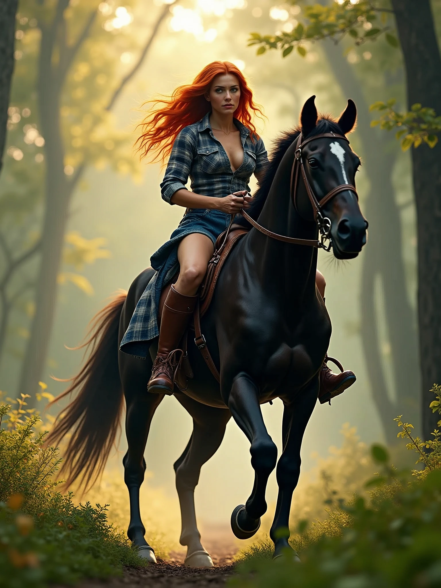 a red-haired Amazon wearing knee-high boots, blue shorts and plaid shirt, riding a black horse in a forest. ultra realistic, morning light