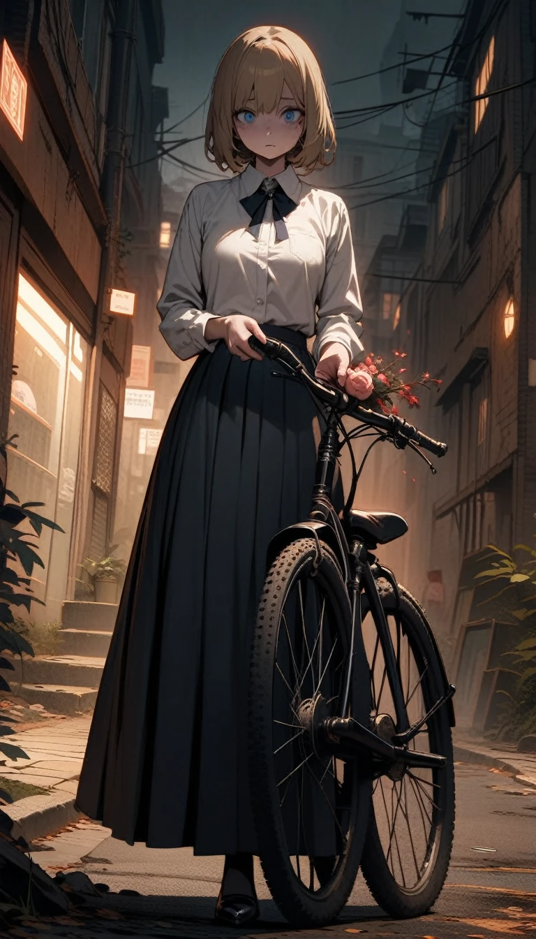 ((best quality)) , ((masterpiece)) , (detailed),The anime depicts an elegant girl with short blonde hair and blue eyes leaning against her bicycle holding flowers in one hand. She has fair skin, wears a white shirt, school uniform skirt, high heels, and the background shows a city street under a bright sky in the style of Hayao Miyazaki. High definition details, beautiful pictures, and high resolution are used to render her .,((Horror-themed , Eerie, unsettling, dark, spooky, suspenseful, grim, highly detailed))