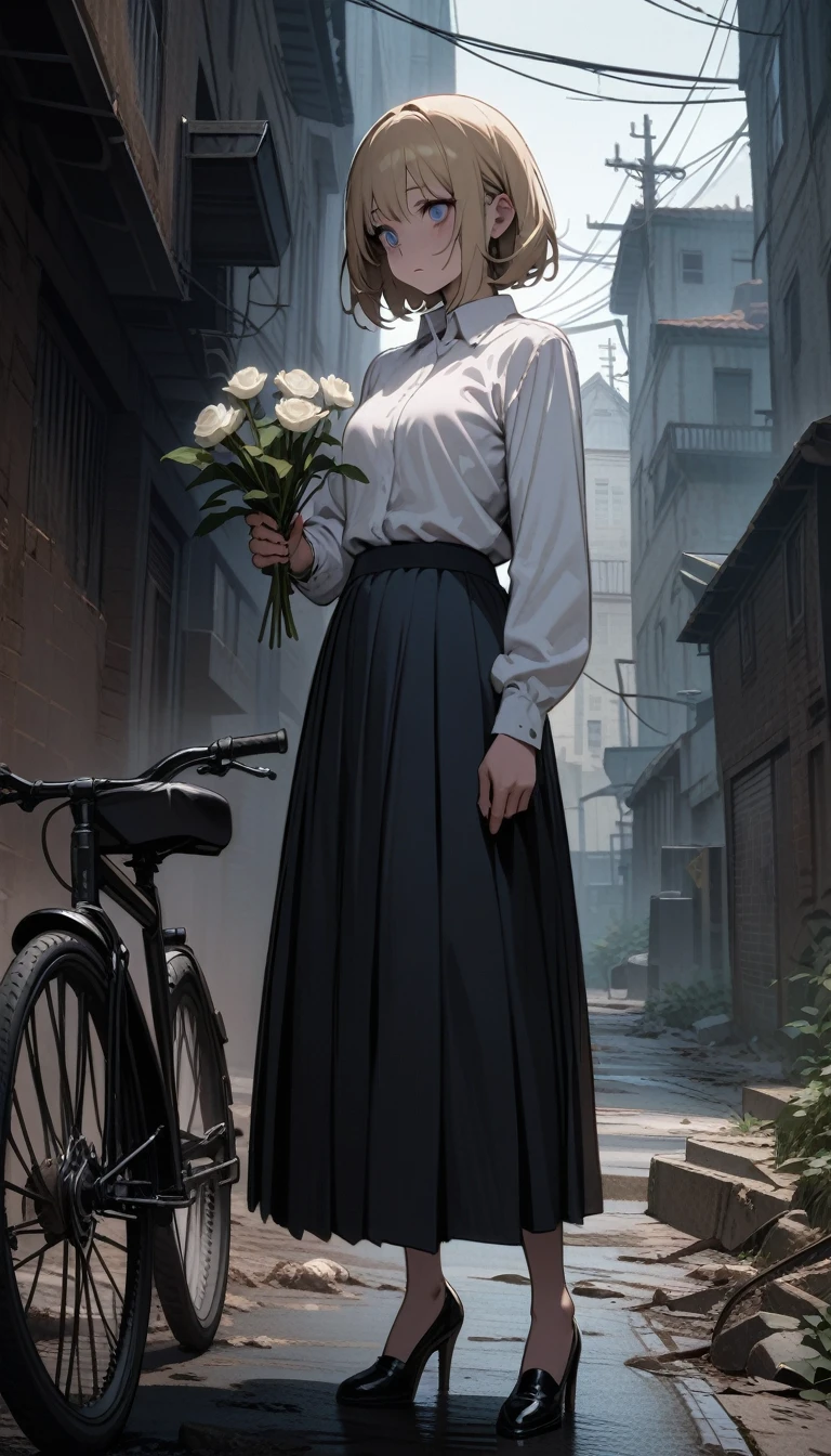 ((best quality)) , ((masterpiece)) , (detailed),The anime depicts an elegant girl with short blonde hair and blue eyes leaning against her bicycle holding flowers in one hand. She has fair skin, wears a white shirt, school uniform skirt, high heels, and the background shows a city street under a bright sky in the style of Hayao Miyazaki. High definition details, beautiful pictures, and high resolution are used to render her .,((Horror-themed ， Eerie, unsettling, dark, spooky, suspenseful, grim, highly detailed))
