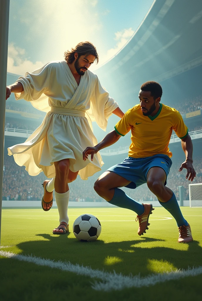 Jesus scoring a goal with Pelé as goalkeeper