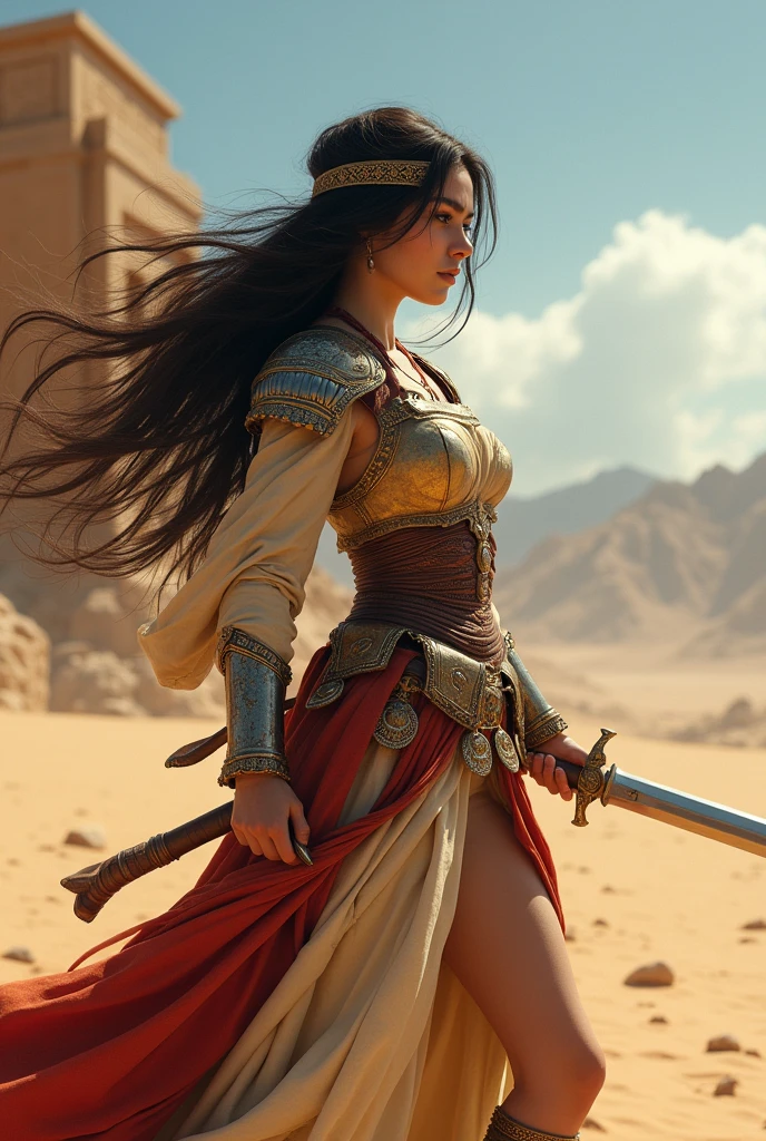 (masterpiece), full hd, best quality, 1 girl, solo, 16 years old, beautiful, shapely, big hips, big breasts, innocent, Pure, delicate, Proportional body, perfect body figure, cold face, long hair flying in the wind, Photos with depth, wind, (masterpiece), full hd, best quality, expressive eyes, perfect face, 1 girl, solo, Portrait of an ancient Persian female warrior wearing armor fighting fiercely in the desert, In the distance is an ancient temple, long legs