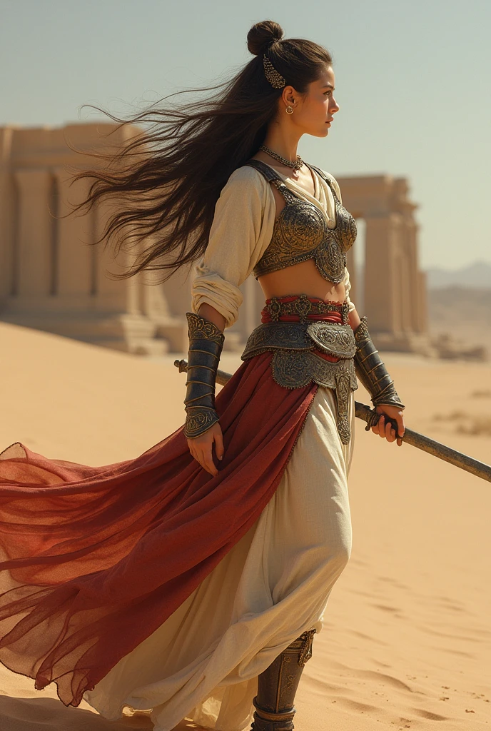 (masterpiece), full hd, best quality, 1 girl, solo, 16 years old, beautiful, shapely, big hips, big breasts, innocent, Pure, delicate, Proportional body, perfect body figure, cold face, long hair flying in the wind, Photos with depth, wind, (masterpiece), full hd, best quality, expressive eyes, perfect face, 1 girl, solo, Portrait of an ancient Persian female warrior wearing armor fighting fiercely in the desert, In the distance is an ancient temple, long legs