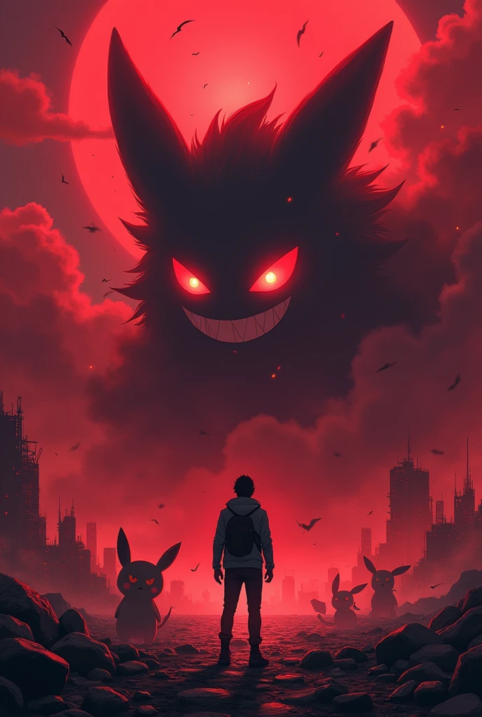 Pokémon, red and black theme, reddish night, Ghostly eyes , Mega Gengar in Smoke Form, destroyed city, pokemon illustration, epic anime art, wide evil grin, 4K anime art wallpaper, detailed artwork, treinador olhando a destroyed city enquanto o Pokémon Mega Gengar como uma fumaça está ao fundo com olhar maligno junto de vários Pokémon fantasma no céu vermelho carmesim 