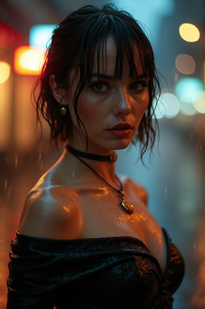 “A close-up of Karen Gillan, shorth hair, Thin body, Slender waist, (abs:0.8), in public in a German city ((at night in the pouring rain)) with elastane leggings and crop top white (smoky dark eyes and lipstick ) with a thoughtful expression, wears a dark, off-the-shoulder dress and a single, Statement piece of jewellery, The background should be blurred and with soft, warm tones" (soaking wet) (wet hair, wet body, Wet Clothing)
