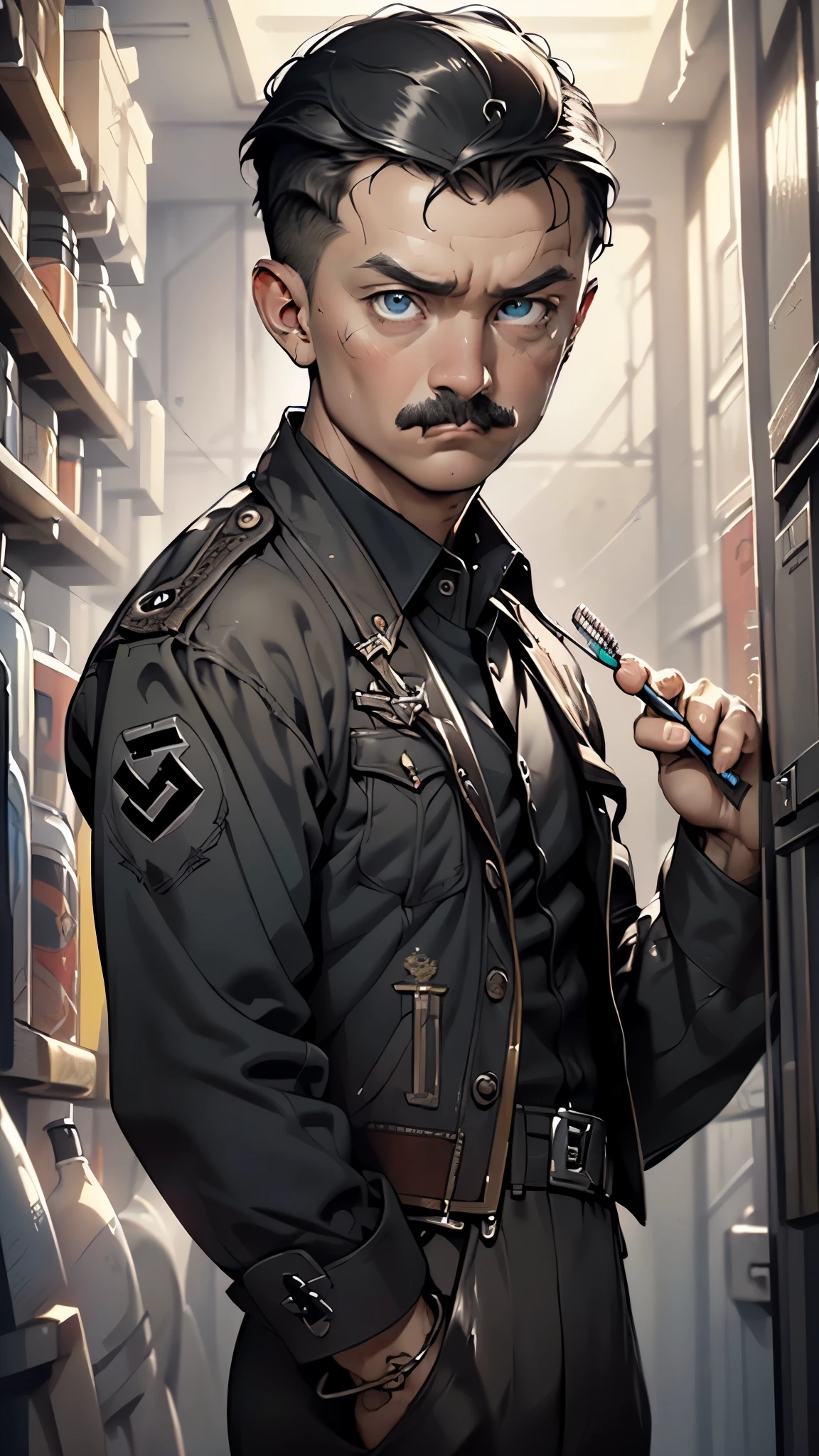 ((((hitler:1.3)))), (((Adolf Hitler))), ((black hair:1.2)),man:1.5,1 man,(((1man))),((mature man)),
(((male gender:1.5,male focus))),
(((side hairstyle,hairstyle side parting, dark brown and straight, short hair, with a little more volume on top, hairspray to keep your hairstyle in place))),(((pale skin,lustrous skin:1.5,bright skin: 1.5,skin tanned,shiny skin,very shiny skin,shiny body,illuminated skin))),(((blue_eyes:1.2))),intricate eyes,beautiful detailed eyes,symmetrical eyes,((man chest)), ((((mustache toothbrush)))),(((detailed face,oval face))),
(((officer's suit, steampunk black suit,black nazi suit)), officer's brown pants,((bulge in pants)),
(dynamic pose:1.0),solo focus,((serious face)),(centered,scale to fit dimensions,Rule of thirds),
indoor((Nazi bunker,room, dark bunker, swastika,depths of a steampunk bunker)),scenery:1.25,((intricate scenery)),
(Glossy steampunk ornaments),highres,sharp focus,(ultra detailed,extremely detailed),(photorealistic artwork:1.37),(extremely detailed CG unity 8k wallpaper),(((vibrant colors,vibrant theme))),(intricate),(masterpiece),(best quality),artistic photography,(photography taken by sldr),(intricate background),perfect rendered face,perfect face details,realistic face,photo realistic,((intricate detail)),(((realism))),