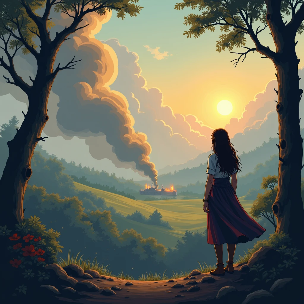 A woman watching a battle in the distance hiding, that you can only see smoke, swords and such things, cartoon style