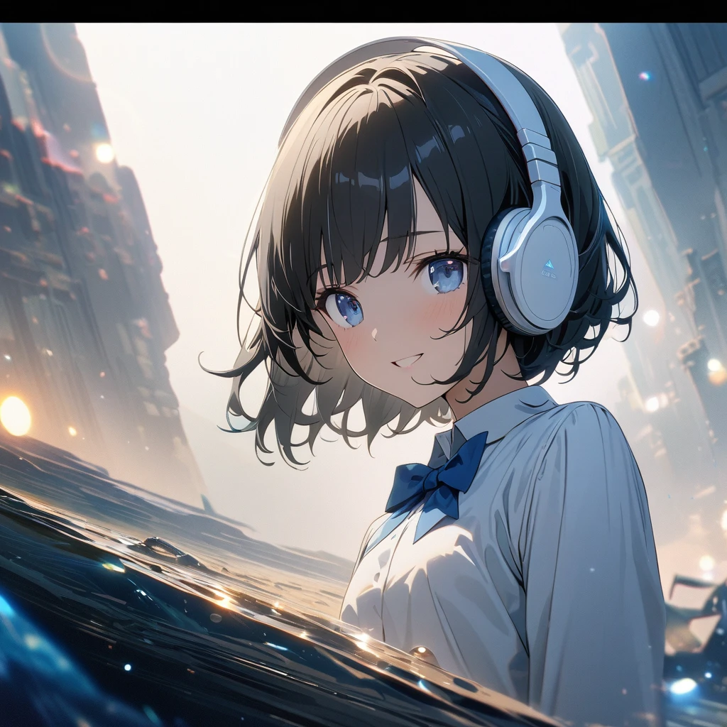 ((ultra-detailed))/one women, short black hair and bob hair.、beautiful blue eyes,.、smile、gentle smile on her face、flat chest, one Beautiful girl,((masterpiece, illustration, best quality) ((ultra-detailed))/solid white background,blank background, while wearing wireless white headphones, full upper body, white dress shirt, blue bowtie, no cut outs 濃い青とBeautiful Blueのグラデーション, High resolution, 8K HD detail,cinematic, surrealism, deep field focus bokeh, and surrealism. --v6