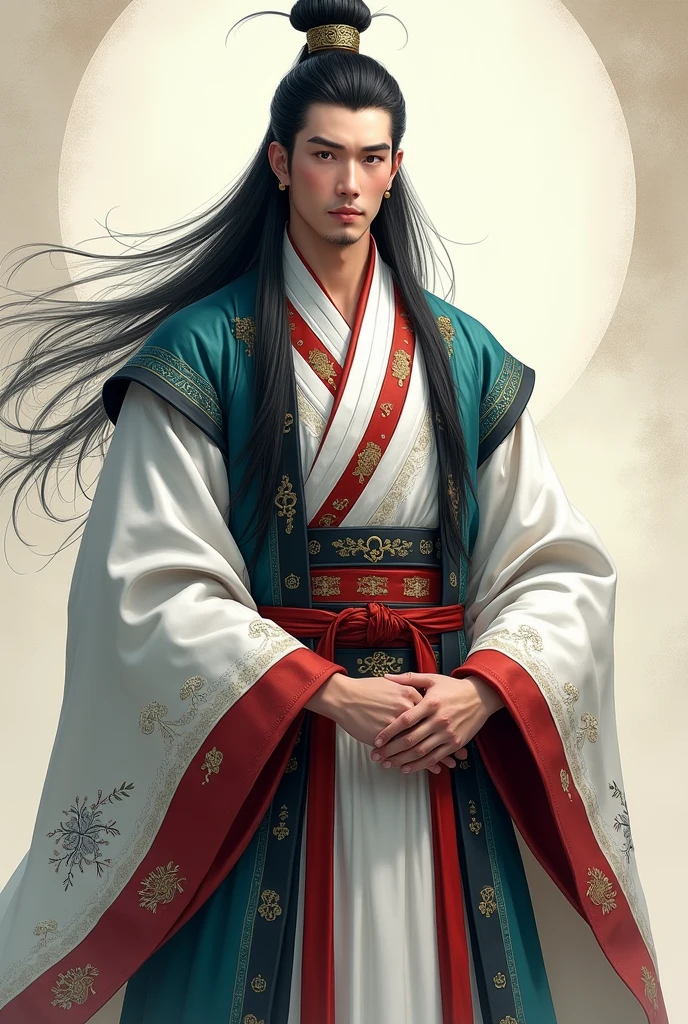 The man is Asian, China, full height, long black hair, Hanfu, traditional chinese clothing style, WHITE, black, red and turquoise color 