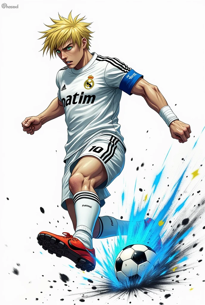A black and white manga cover, with the protagonist on a completely white background, kicking a soccer ball, which produces various blue and yellow effects, while the protagonist looks at the ball with a look of fury and determination. With the manga name highlighted "Goal Frenzy". The appearance of the MALE protagonist is tall and has an athletic build with defined muscles.. Her hair is short and blonde, with a fringe that falls over the forehead, and your eyes are light green, full of determination. He wears the number 10 jersey for the Real Madrid football team and often has a blue and white band around his wrist..