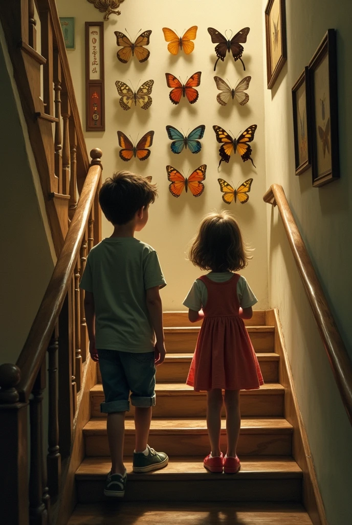 A brother and sister go up the stairs and look up slightly. There are butterfly specimens on the wall of the retro stair handrail.