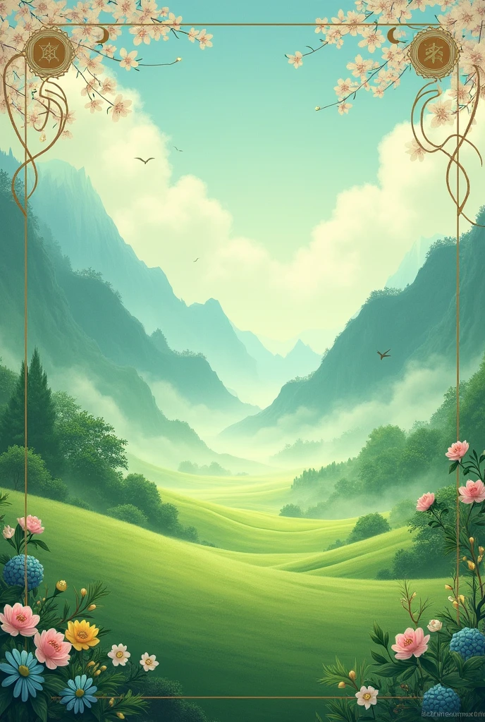 Create a romantic and empty green background for your letter, add references to Japan and references to acai fruit and references to tarot cards (all references on the sides of the image).