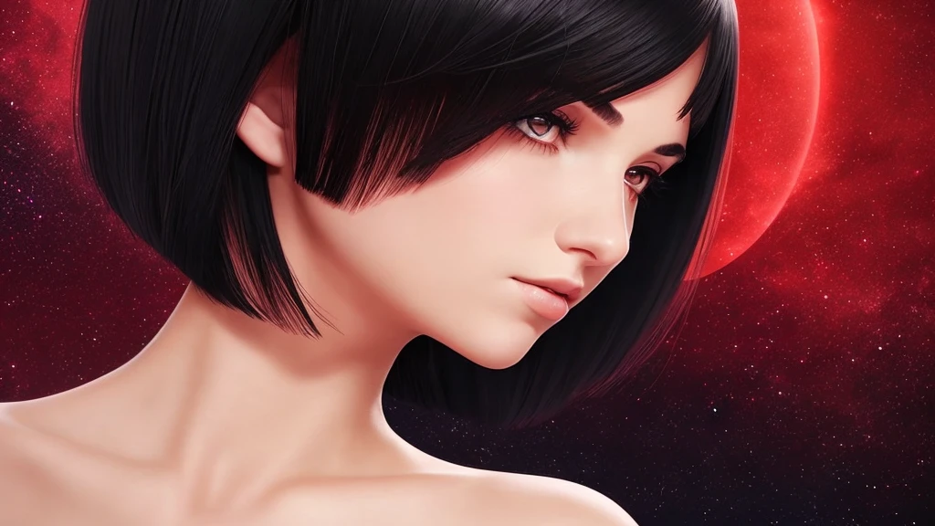 Delicate and dainty young woman with shiny bob-cut black hair . She is wearing bright red. The background is a fantastic and ethereal night sky that seems to be haunted by a specter. Her expression is stern and atmospheric. Angle from directly below. face closeup