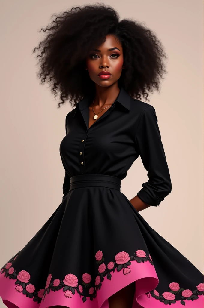A black woman with black wavy hair,with brown eyes wearing a black shirt and a flared skirt with seven pink lines,on the edge there are pink roses