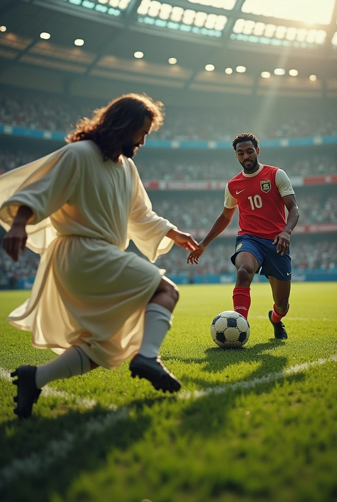 Jesus scoring a goal with Pelé in goal