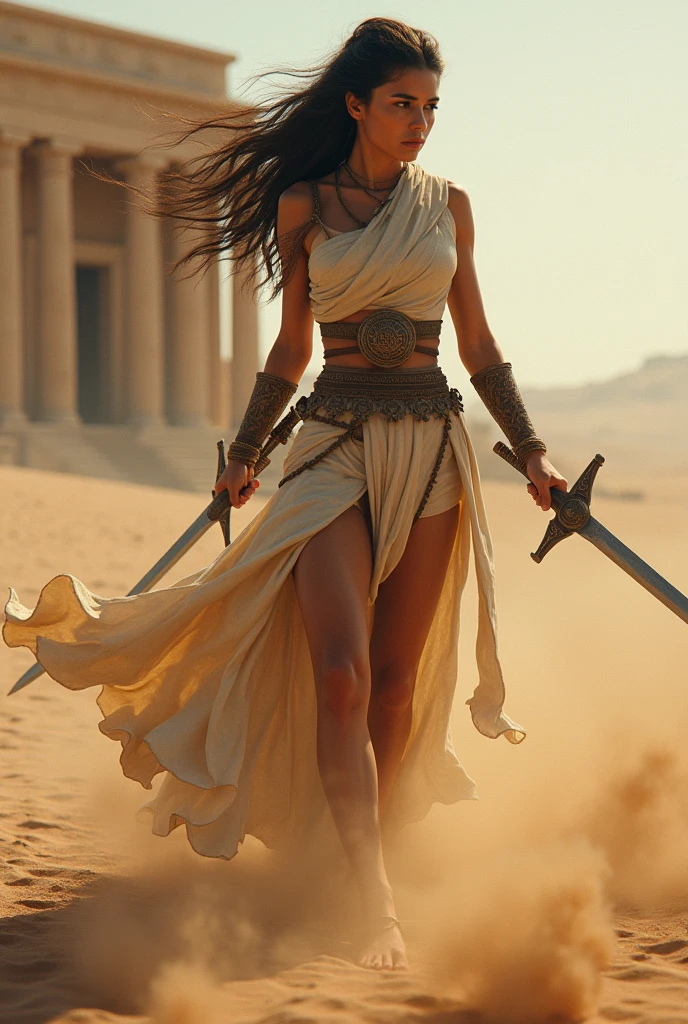 (masterpiece), full hd, best quality, 1 girl, solo, , beautiful, shapely, big hips, big breasts, innocent, Pure, delicate, Proportional body, perfect body figure, cold face, long hair flying in the wind, Photos with depth, wind, (masterpiece), full hd, best quality, expressive eyes, perfect face, 1 girl, solo, Portrait of an ancient Persian female warrior wearing armor fighting fiercely in the desert, In the distance is an ancient temple, long legs