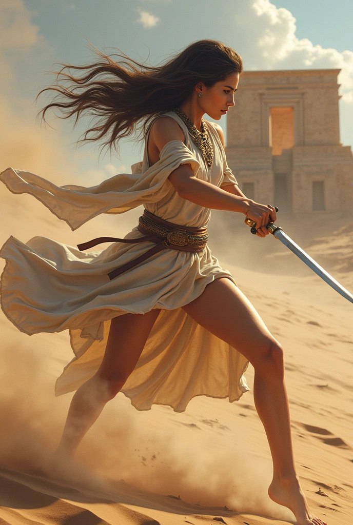 (masterpiece), full hd, best quality, 1 girl, solo, , beautiful, shapely, big hips, big breasts, innocent, Pure, delicate, Proportional body, perfect body figure, cold face, long hair flying in the wind, Photos with depth, wind, (masterpiece), full hd, best quality, expressive eyes, perfect face, 1 girl, solo, Portrait of an ancient Persian female warrior wearing armor fighting fiercely in the desert, In the distance is an ancient temple, long legs