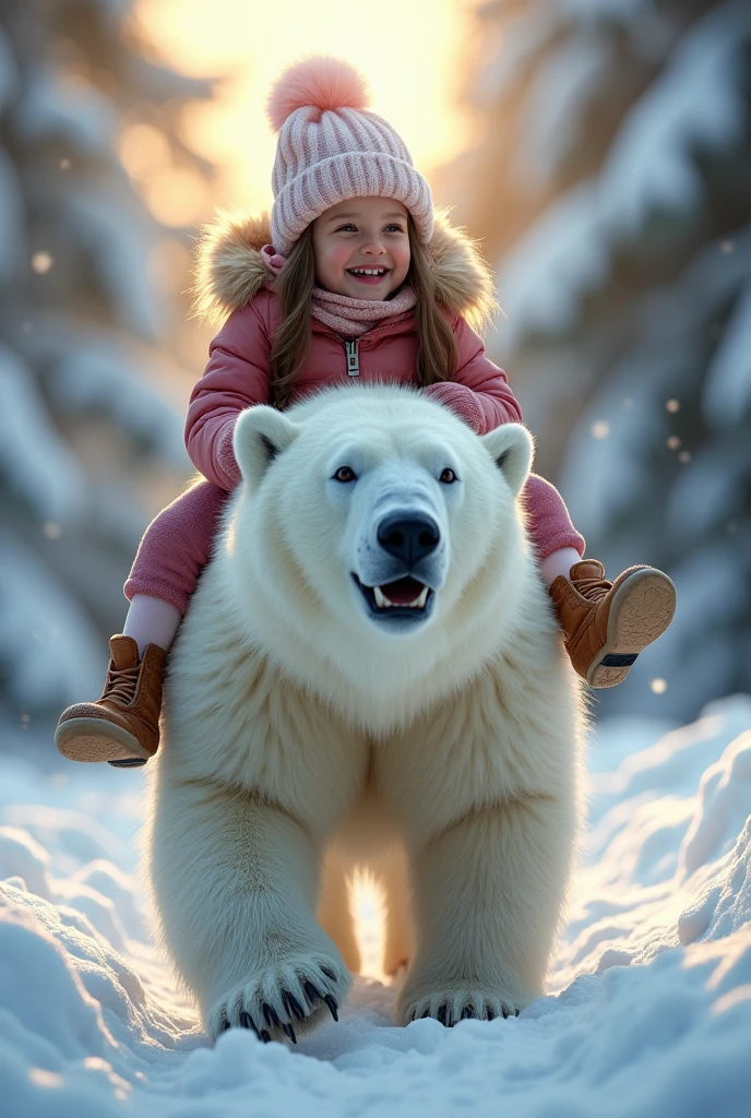 Very realistic dynamic scene.(masterpiece:1.2), (very detailed:1.3),clear focus on faces,clearly and thoroughly drawn facial details,Beautiful,photorealistic,taken with Canon EOS 1100D ,little very cute girl 3 , cheeks pink from the frost, rides on the back of a huge, contented polar bear through a snowy winter forest,sunlight,Sparkling Snow, The girl laughs,, laughs widely The girl is dressed in national northern clothes.on his feet are fur boots. Extremely detailed computer graphics High resolution,(Best quality), ( photo-Реалистичный:1.2) Extremely detailed computer graphics cinematic lighting. Close-up. a lot of details. Photorealistic style, super realistic. cinematic. background of winter coniferous forest.,8 K,raw