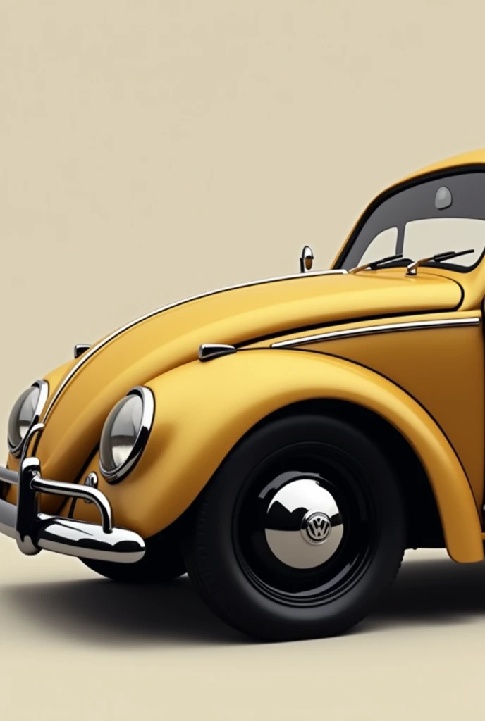Create a 1962 Beetle in brushed gold color, black bumper trim, black round hubcap with all chrome details in black except the hubcap