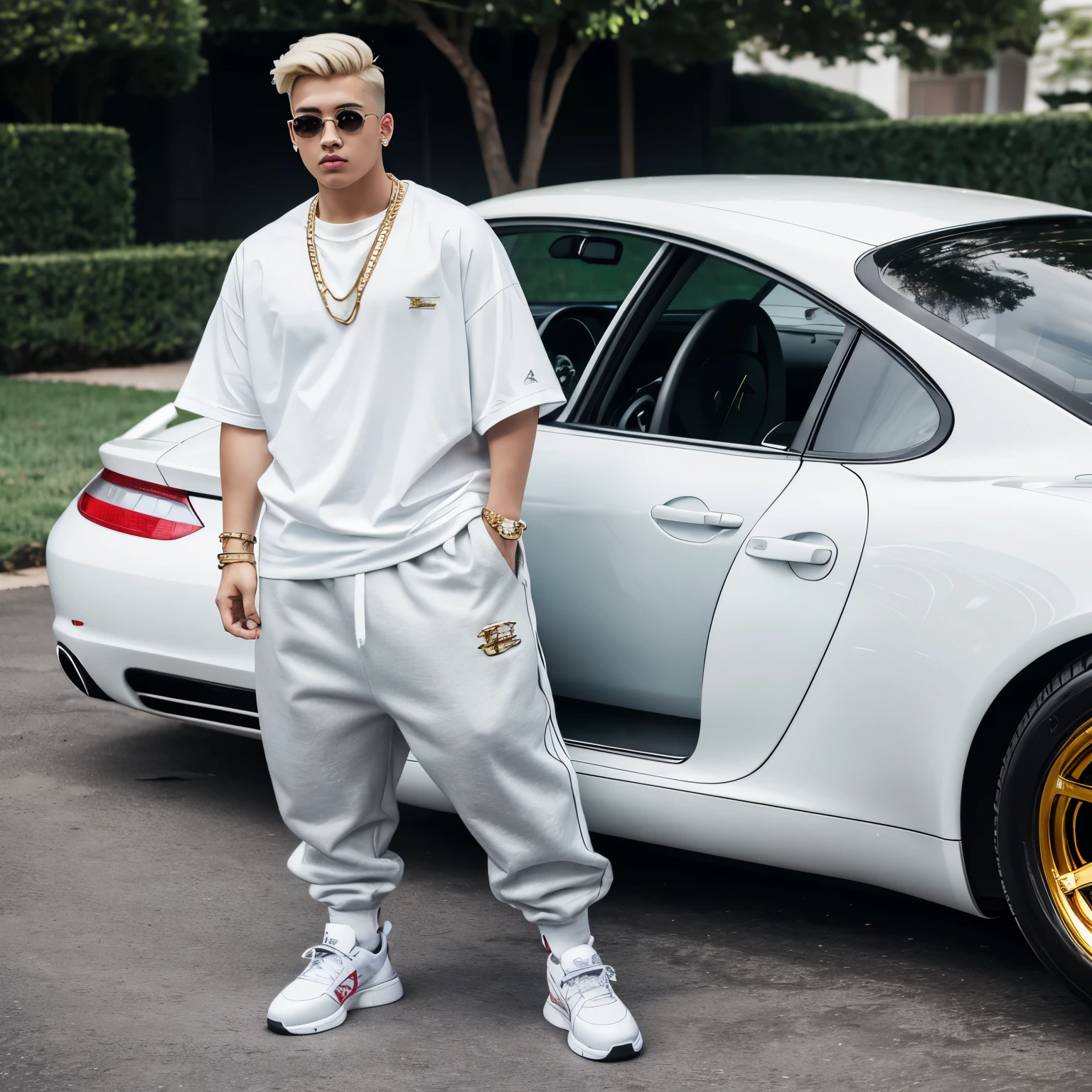 full view full body, one handsome wealthy chubby fat young boy with hyper stylish blonde short undercut haircut, hype-fashioned oversize baggy pants showing CK waistband, oversized Gucci shirt, gold-silver-white hype chunky white Balenciaga designed sneakers , white 'OverPed' socks, hype styled rings, bracelets, necklaces, coming back from school to his rich mansion next Boston, getting out his white gold Porsche