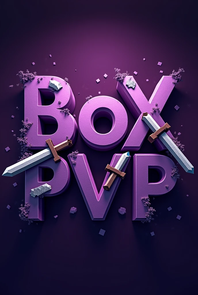 Napis BoXPVP fioletowo szary z mieczami z Minecraft wbitymi w napis