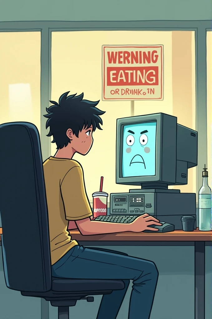A student with a drink in his hand, about to sit in front of a computer in the laboratory.
Behind him, a huge sign that says "Eating or drinking is prohibited in the laboratory.", and a computer with a serious face, pointing at the sign.
Top Text: "When you forget you&#39;re in the computer lab..."
Bottom text: "...and the computer reminds you."