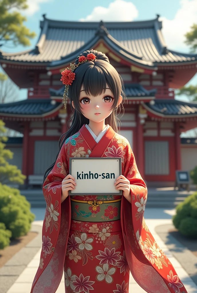 Create a Japanese girl in a kimono in front of a temple holding a sign saying kinho-san