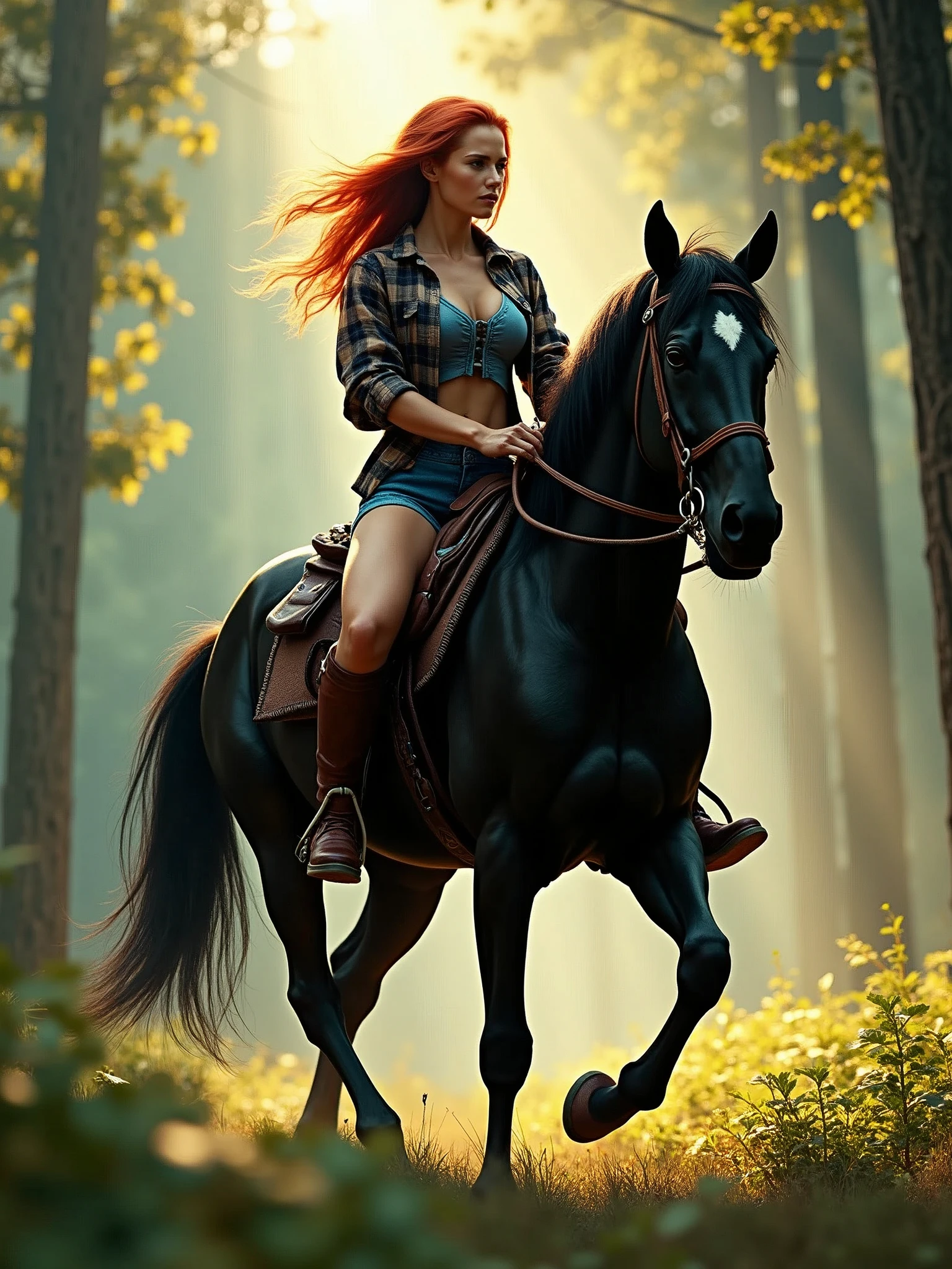 a red-haired Amazon wearing knee-high boots, blue shorts and plaid shirt, riding a black horse in a forest. ultra realistic, morning light