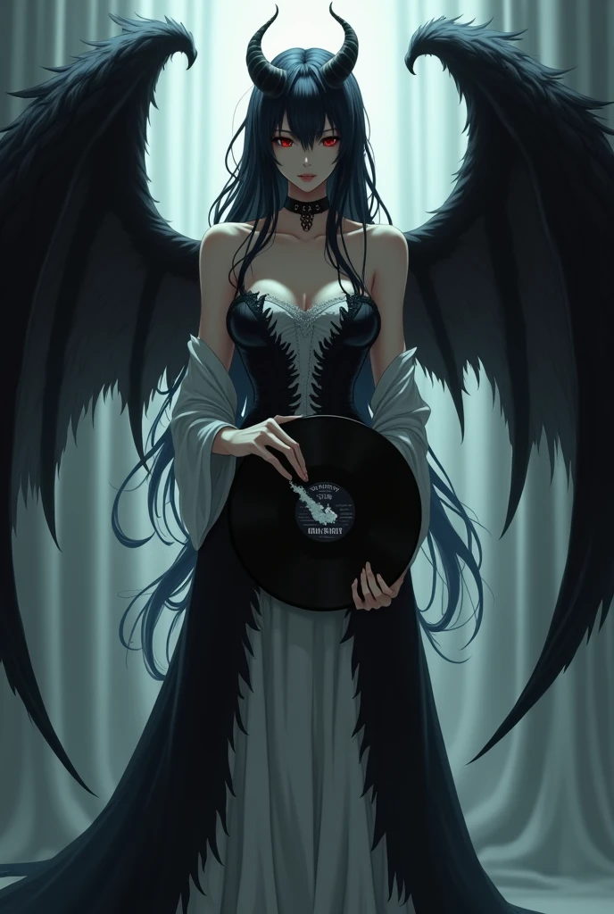 A demon woman from behind,black wings,black and white hair, black and white dress, Holding a broken vinyl record,anime