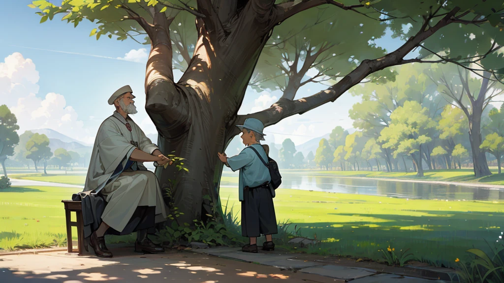 Side the River and under the tree a old man advice to a boy