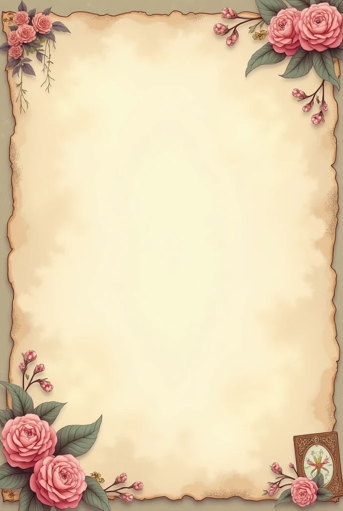 Create a romantic and empty aged coloring background for a letter, add references to Japan and references to acai fruit and references to tarot cards (all references on the sides of the image).
