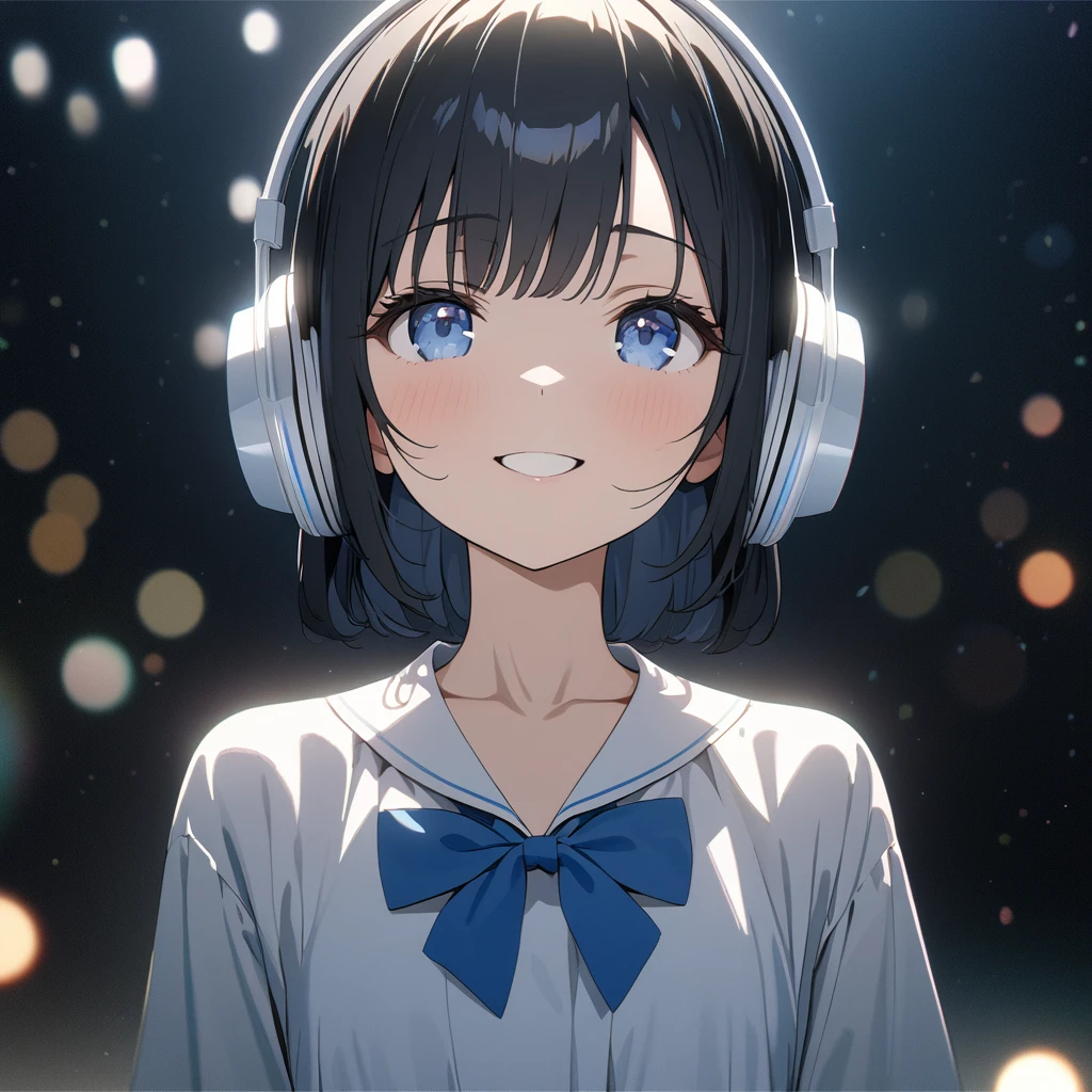 ((ultra-detailed))/one women, short black hair and bob hair.、beautiful blue eyes,.、smile、gentle smile on her face、flat chest, one Beautiful girl,((masterpiece, illustration, best quality) ((ultra-detailed))/solid white background,blank background, while wearing wireless white headphones, full upper body, white dress shirt, blue bowtie, no cut outs 濃い青とBeautiful Blueのグラデーション, High resolution, 8K HD detail,cinematic, surrealism, deep field focus bokeh, ray tracing and surrealism. --v6