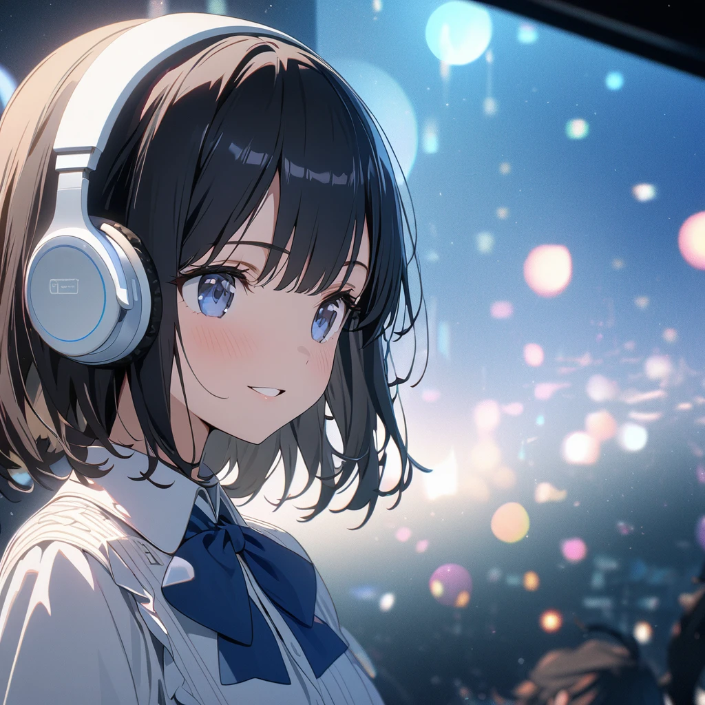 ((ultra-detailed))/one women, short black hair and bob hair.、beautiful blue eyes,.、smile、gentle smile on her face、flat chest, one Beautiful girl,((masterpiece, illustration, best quality) ((ultra-detailed))/solid white background,blank background, while wearing wireless white headphones, full upper body, white dress shirt, blue bowtie, no cut outs 濃い青とBeautiful Blueのグラデーション, High resolution, 8K HD detail,cinematic, surrealism, deep field focus bokeh, ray tracing and surrealism. --v6