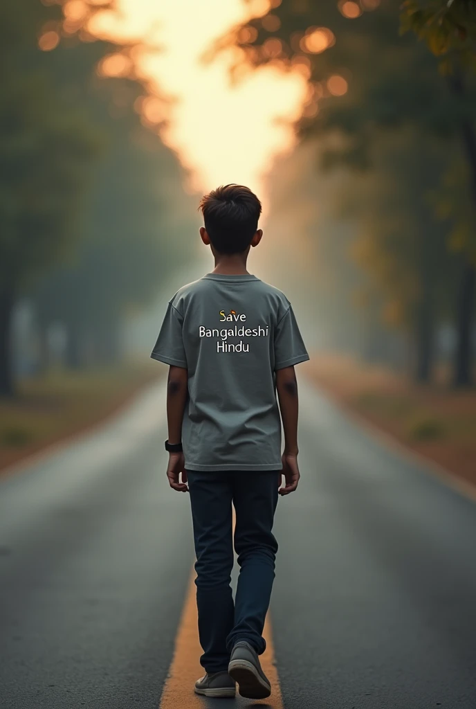 Save Bangladeshi Hindu write print t-shirt back side smart single boy walking road with blur background heart bukeh