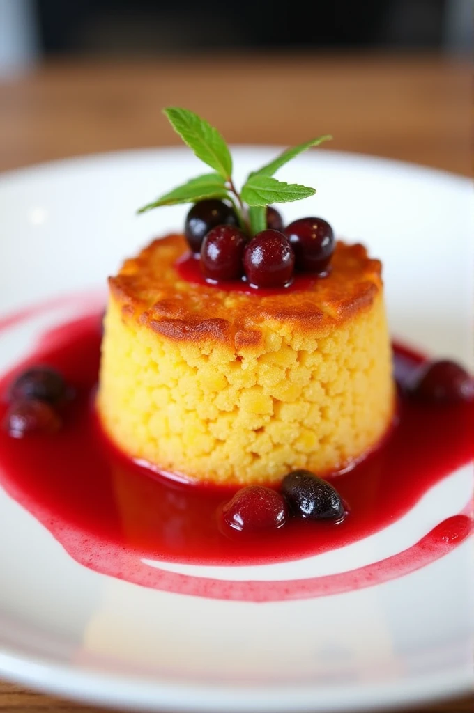 Professional plating of a corn cake with red fruit coulis