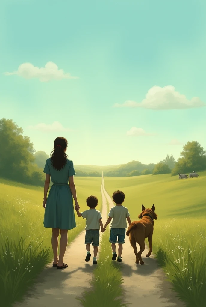 A painting with a green floor, a simple dirt road cutting across it, clear blue sky,  and SILHOUETTES of a woman watching her two children playing with a dog 