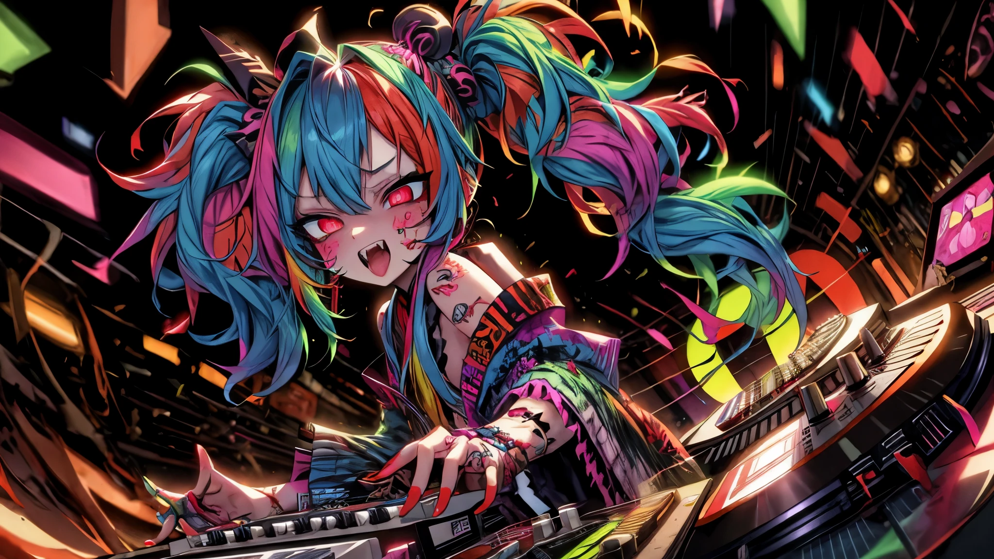 Ollie
multicolored hair
multicolored eyes
zombie_skin
traditional dress
twintails a DJ, showcasing her skills on the turntables