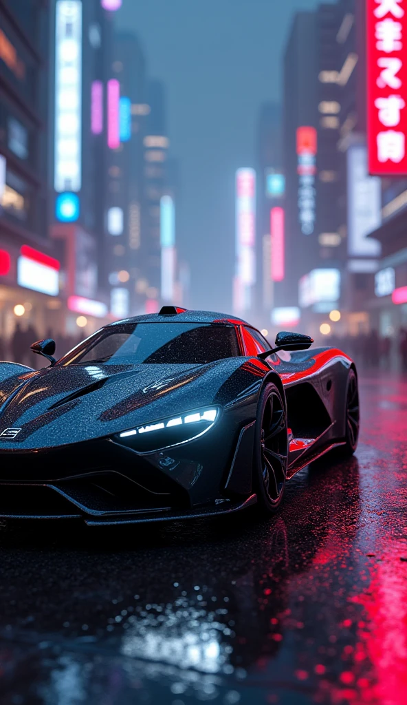 A sleek black sports car with neon lights reflecting off its polished surface, parked in a futuristic cityscape at night.