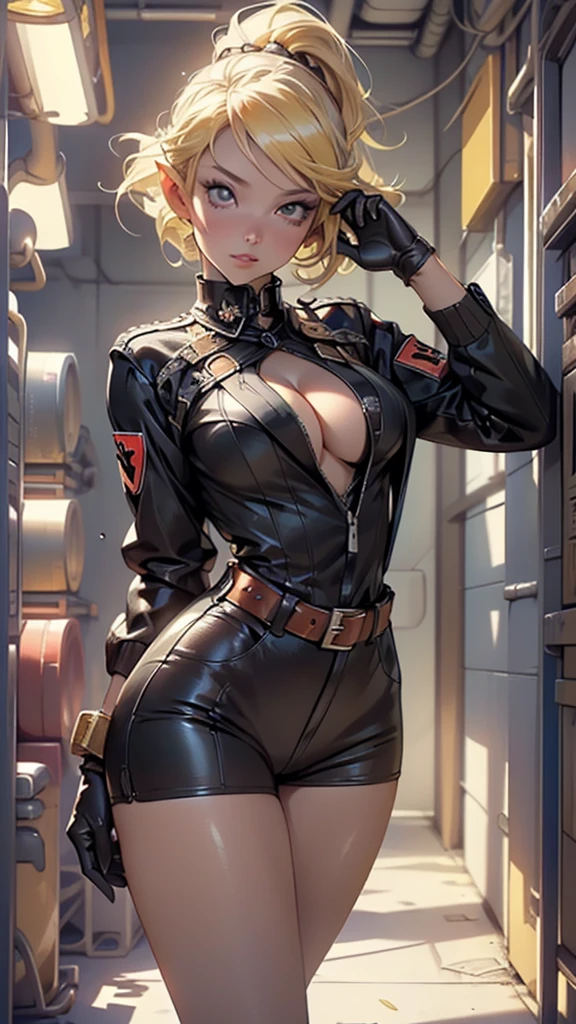 (((Salvatore))),1girl,elf,((pointy ears)),
(large breasts:1.4),((((ponytail, short hair,yellow hair)))),(((red_eyes:1.3))),intricate eyes,beautiful detailed eyes,symmetrical eyes,((((lustrous skin:1.5,tanned skin,bright skin: 1.5,skin tanned,shiny skin,very shiny skin,shiny body,Reflective skin)))),(spider lower abdomen,narrow waist,wide hip,athletic body,inflated legs,thick thighs,(detailed face)),beautiful detailed lips,
cute,slutty,sensual,seductive look,seductive,((erotic)),opulent,sumptuous,((nsfw)),
cleavage, black military uniform, thighhighs, necktie, white gloves, long sleeves with cuffs, military hat, red armband, shorts,,
(flirtatious pose:1.3), looking at viewer,embarrassed,centered,scale to fit dimensions,Rule of thirds,
indoor((Nazi bunker,room, dark bunker, swastika,depths of a steampunk bunker)),scenery:1.25,((intricate scenery)),
(Glossy steampunk ornaments),highres,sharp focus,(ultra detailed,extremely detailed),(photorealistic artwork:1.37),(extremely detailed CG unity 8k wallpaper),(((vibrant colors,vibrant theme))),(intricate),(masterpiece),(best quality),artistic photography,(photography taken by sldr),(intricate background),perfect rendered face,perfect face details,realistic face,photo realistic,((intricate detail)),(((realism))),