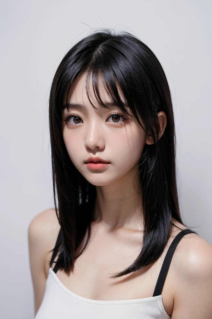 18 year old girl , Japanese short black hair , eyes black , white background
