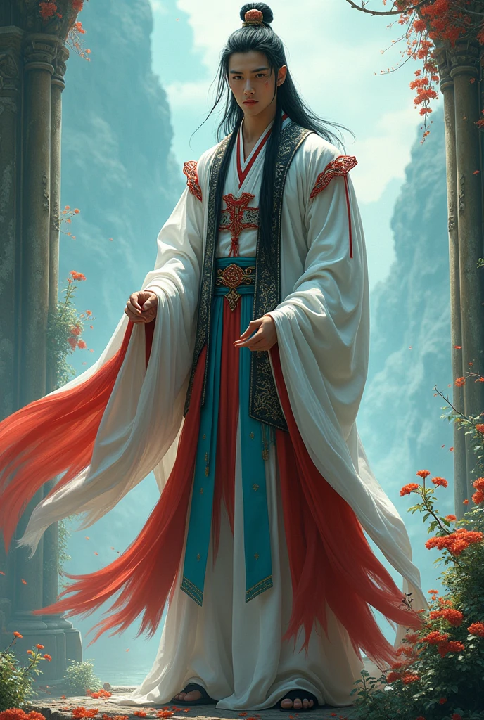 The man is Asian, China, full height, long black hair, Hanfu, traditional chinese clothing style, WHITE, black, red and turquoise color , young, fantasy