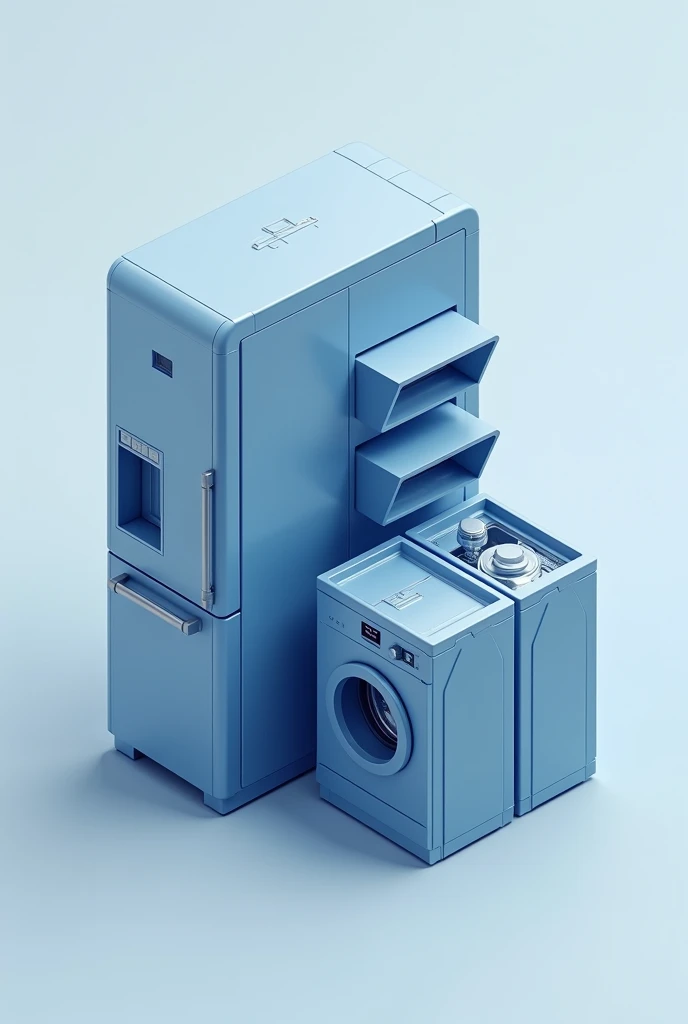 high quality detailed logo, home appliance spare parts store, refrigerator, washing machine, oven, minimalist design, clean lines, geometric shapes, metallic textures, blue and gray color palette, symmetrical composition, high resolution, 3D rendering, photorealistic