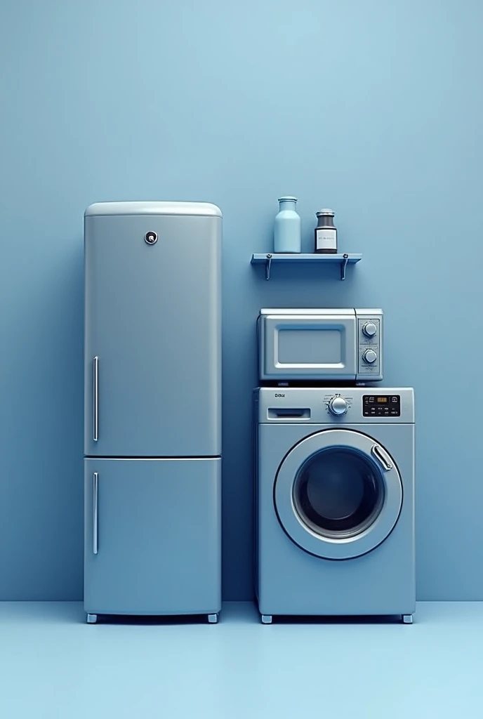high quality detailed logo, home appliance spare parts store, refrigerator, washing machine, oven, minimalist design, clean lines, geometric shapes, metallic textures, blue and gray color palette, symmetrical composition, high resolution, 3D rendering, photorealistic