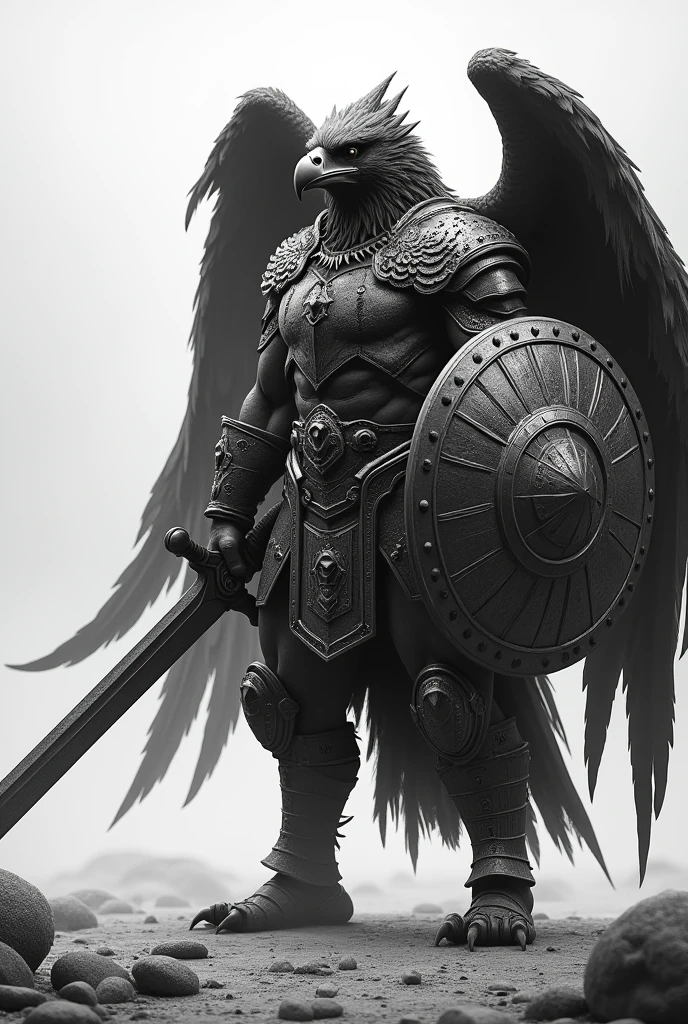 A gladiator with an eagle's head, wearing helmet, shield and sword. black and white image