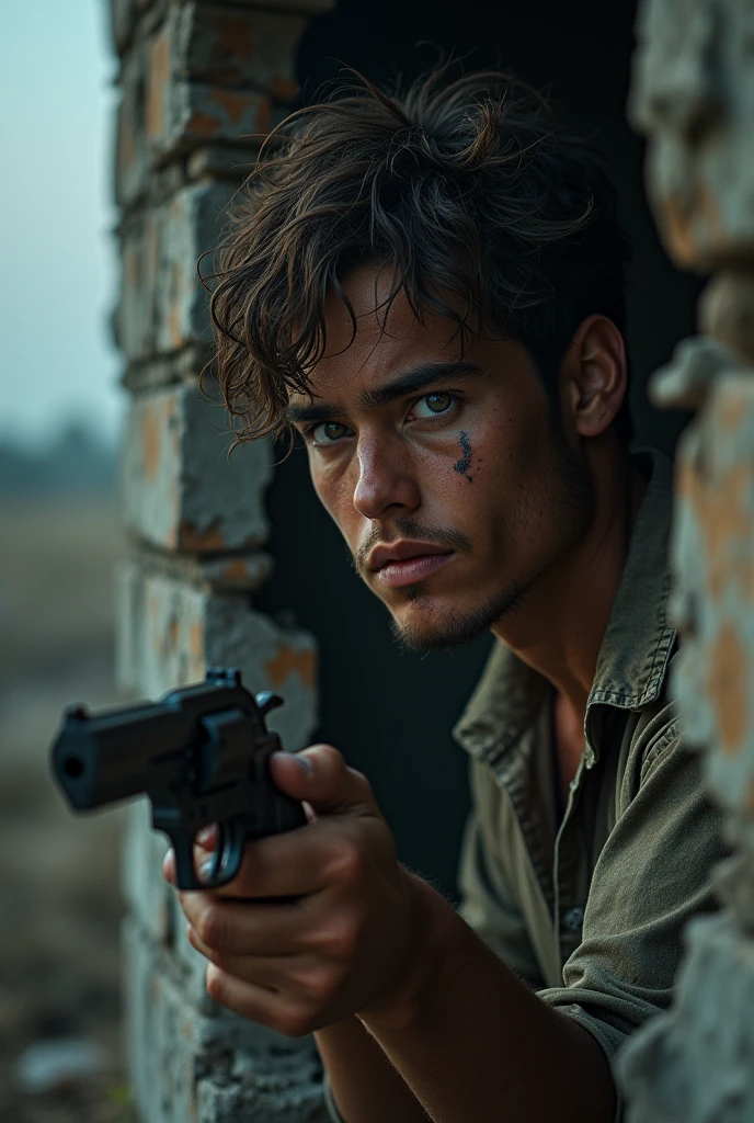 (raw photo, best quality) , (Realistic, photo-realistic: 1.3), Extremely formidable, general plan, masterpiece, ultra-detailed, high resolution, Best illustration, best shadow, complex, depth of field, war, war, Scary, Scary, Lonely, Man 1 (male), 19 years old, Brown and dirty hair, Clothes torn, injuries on his body, marks on his face, ruined environment,  the boy hides behind a destroyed wall, he holds a revolver in his hand, He tries to look behind the wall to see if there are people, Volumetric, 8k, DSLR, High quality, (film grain: 1.4), Fujifilm XT3, Night, night