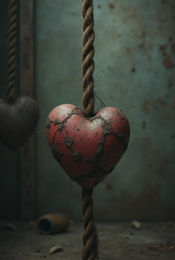 A realistic hanging rope like that of a gallows( 1800s death sentence artifact) People with the shape of a heart where the neck goes Like for a book cover